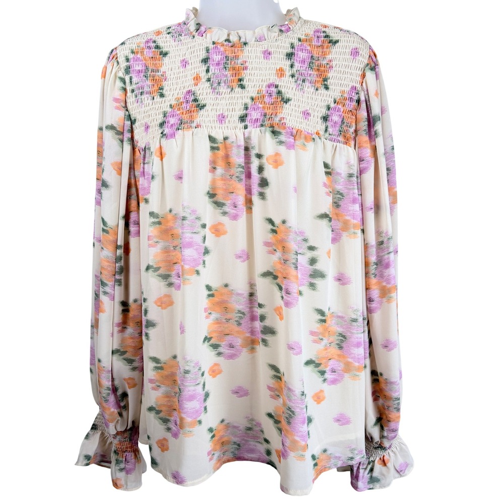 NWT Entro Plotting Moves Floral Smocked Blouse Medium Ruffle Neck Boutique Top